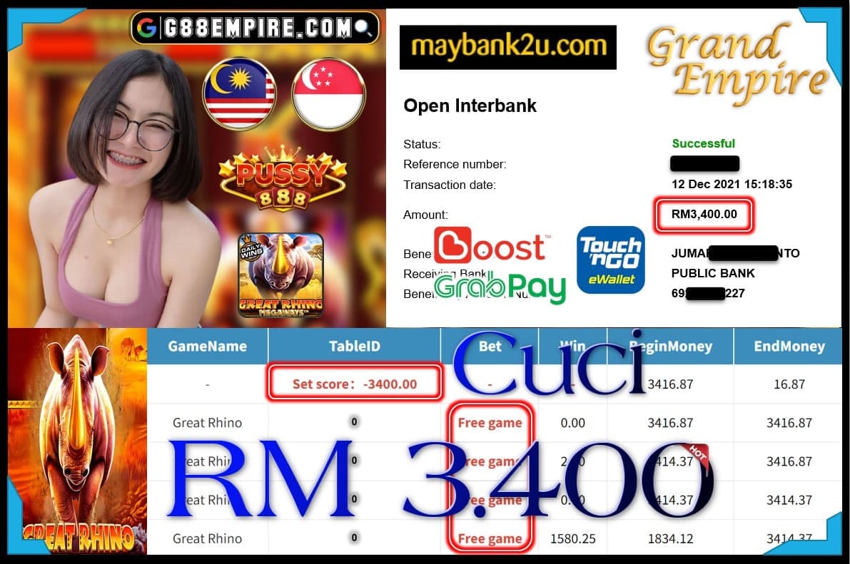 PUSSY888 - GREATRHINO CUCI RM3,400 !!!