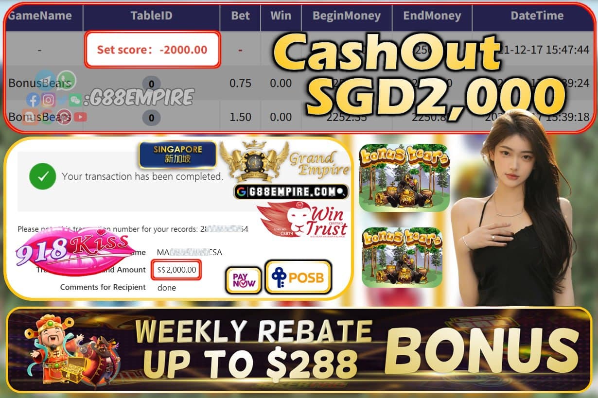 918KISS - BONUS BEARS CASHOUT SGD2000 !!!