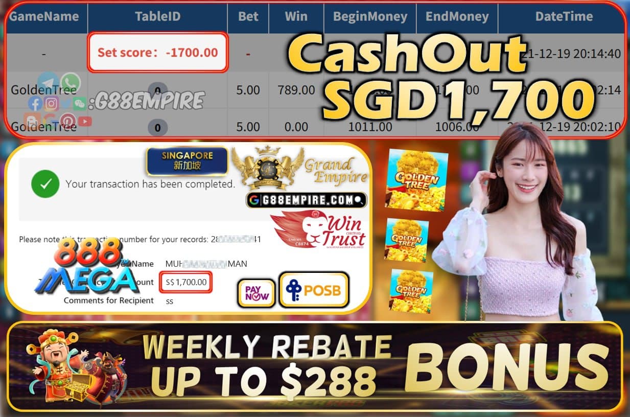 MEGA888 - GOLDEN TREE CASHOUT SGD1700 !!!