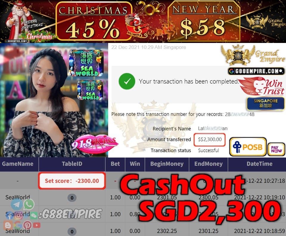 918KISS - SEAWORLD CASHOUT SGD2300 !!!