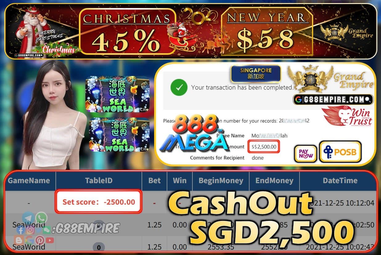 MEGA888 - SEAWORLD CASHOUT SGD2500 !!!