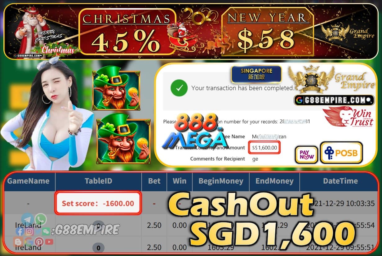 MEGA888 - IRELAND CASHOUT SGD1600 !!!