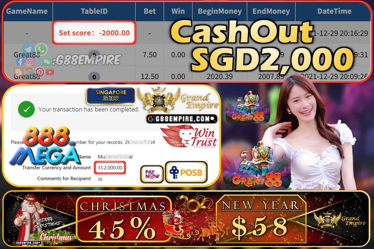 MEGA888 - GREAT88 CASHOUT SGD2000 !!!