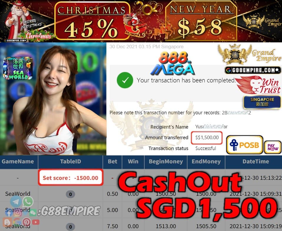 MEGA888 - SEAWORLD CASHOUT SGD1500 !!!