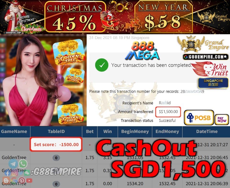 MEGA888 - GOLDEN TREE CASHOUT SGD1500 !!!