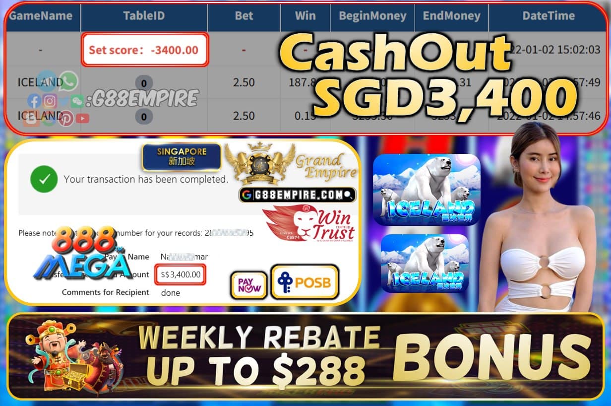 MEGA888 - ICELAND CASHOUT SGD3400 !!!