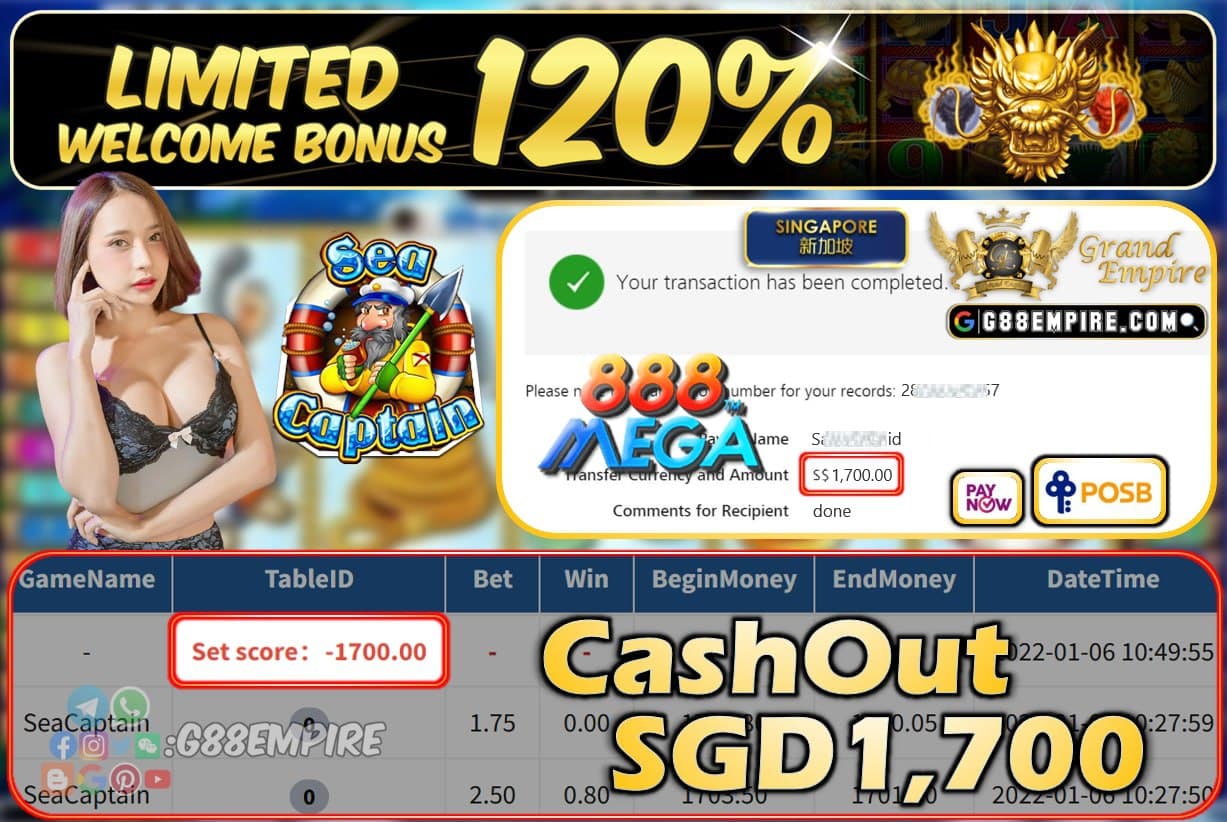 MEGA888 - SEACAPTAIN CASHOUT SGD1700 !!!