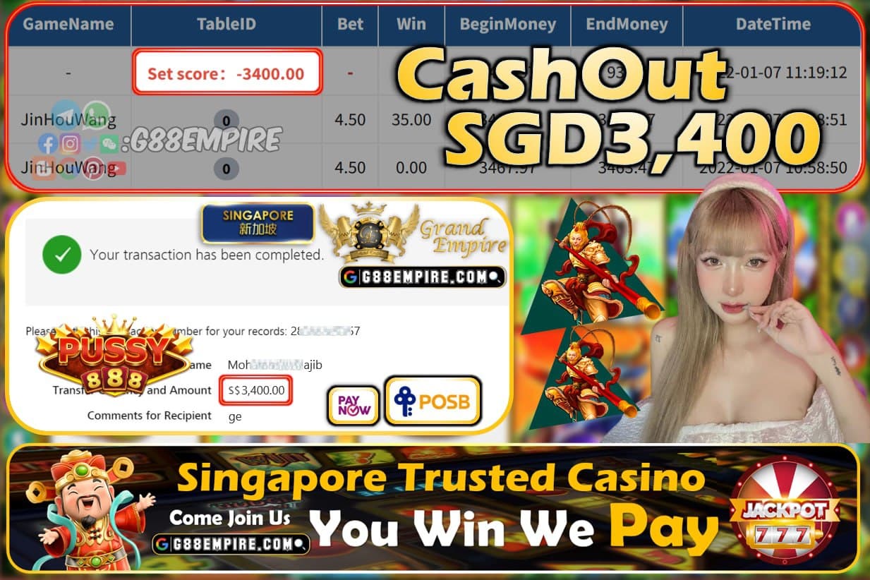 PUSSY888 - JINHOUWANG CASHOUT SGD3400 !!!