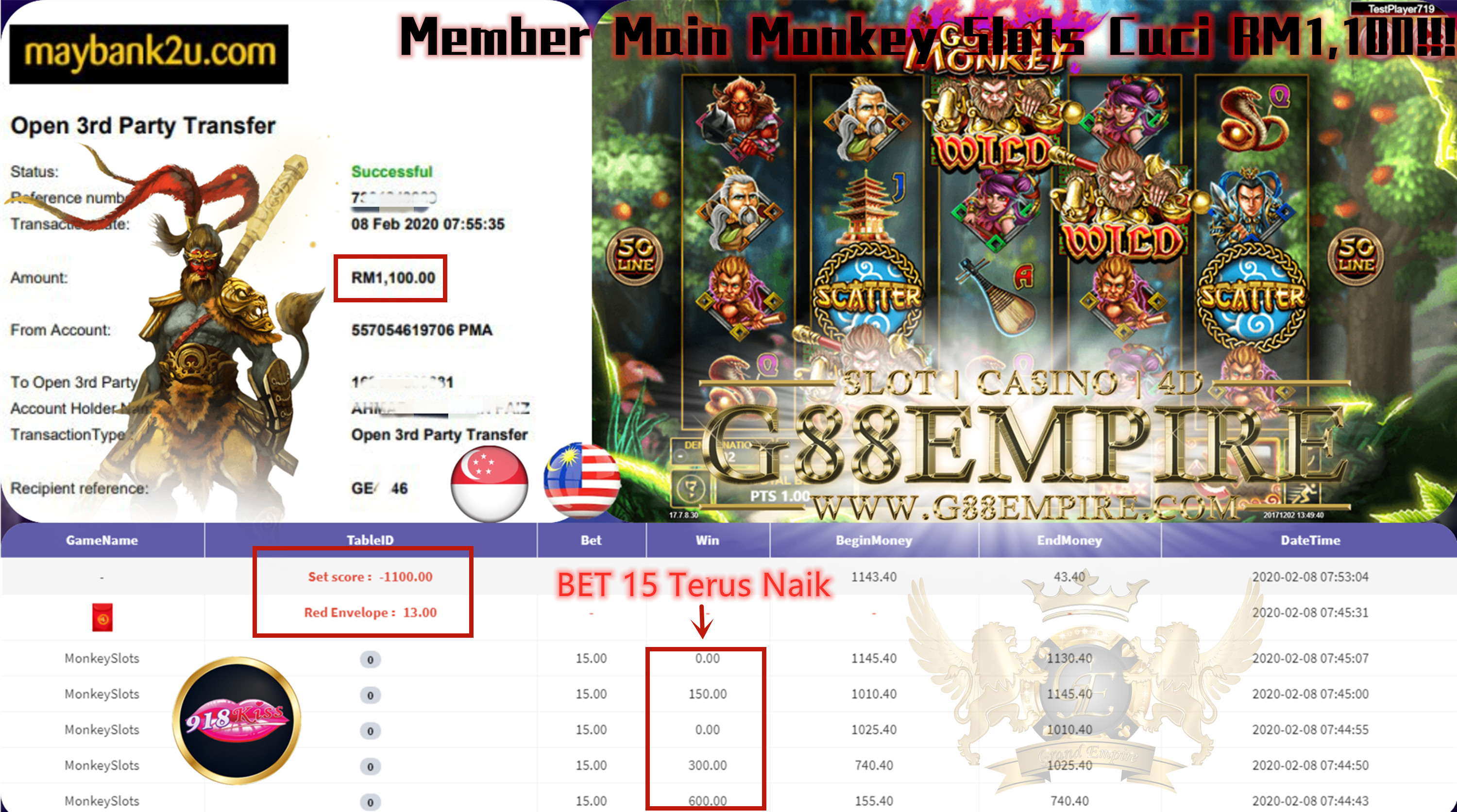 MEMBER MAIN MONKEY SLOTS CUCI RM1,100!!!