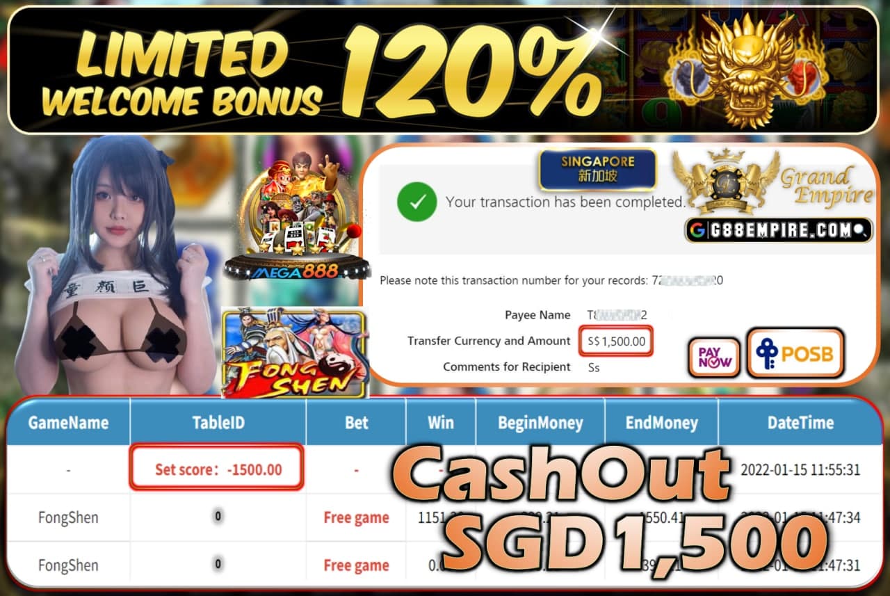 MEGA888 - FONGSHEN CASHOUT SGD1.500 !!!