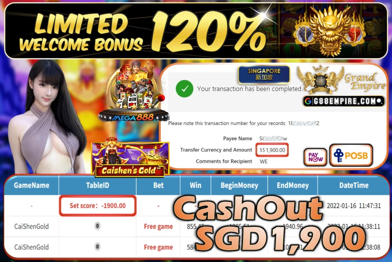 MEGA888 - CAISHENGOLD CASHOUT SGD1.900 !!!