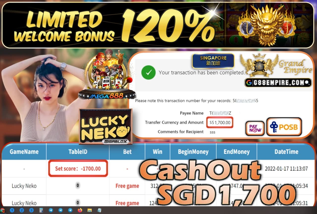 MEGA888 - LUCKYNEKO CASHOUT SGD1.700 !!!