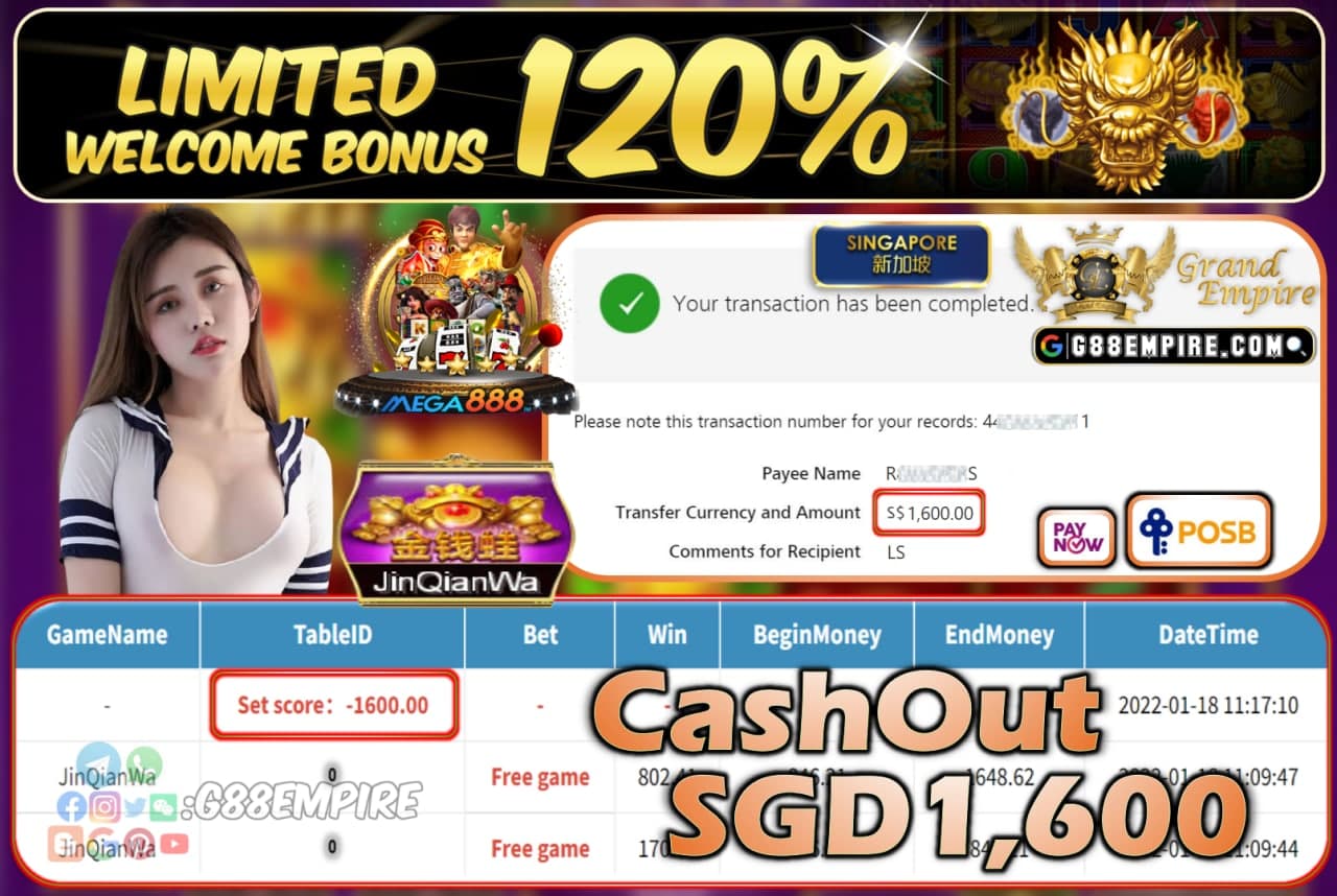 MEGA888 - JINQIANWA CASHOUT SGD1.600 !!!