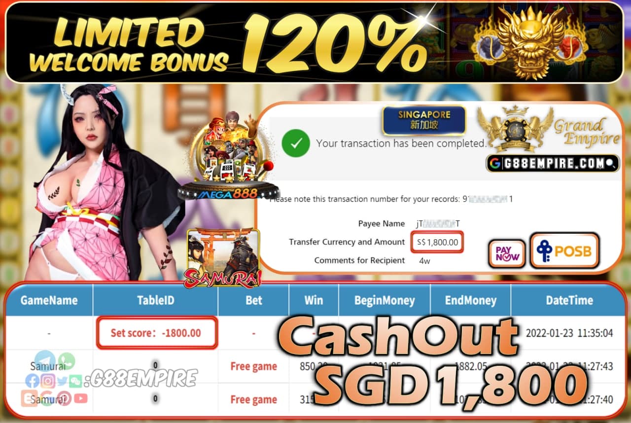 MEGA888 - SAMURAI CASHOUT SGD1.800 !!!