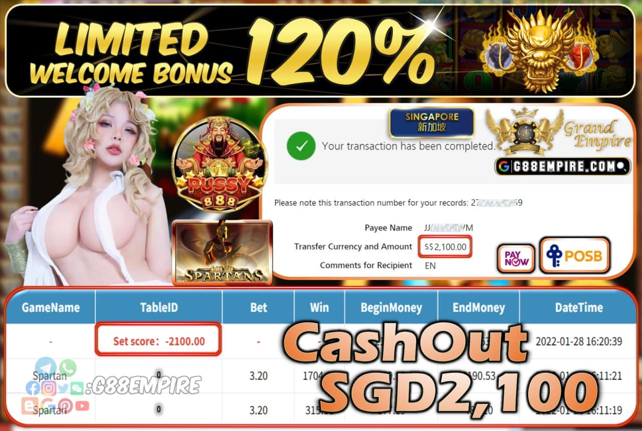 PUSSY888 - SPARTAN CASHOUT SGD2.100 !!!