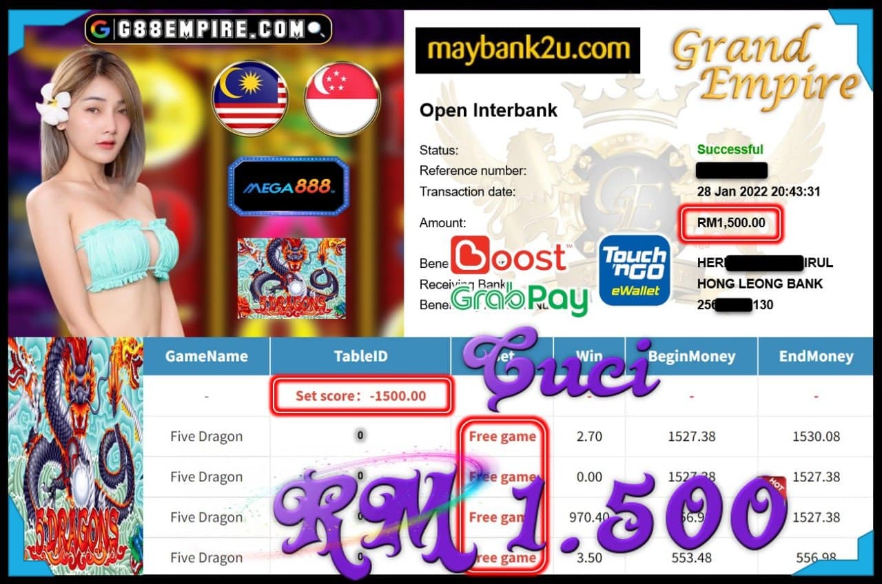 MEGA888 - FIVE DRAGON CUCI RM1,500 !!!