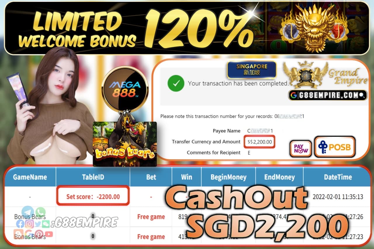 MEGA888 - BONUSBEARS CASHOUT SGD2.200 !!!