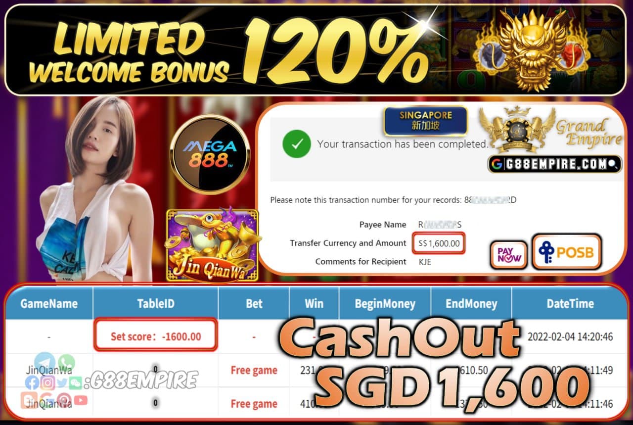 MEGA888 - JINQIANWA CASHOUT SGD1.600 !!!