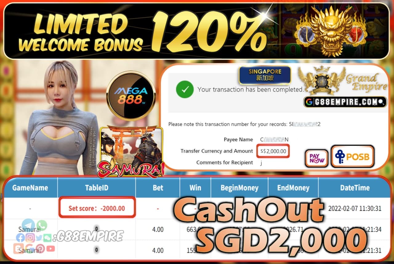 MEGA888 - SAMURAI CASHOUT SGD2.000 !!!