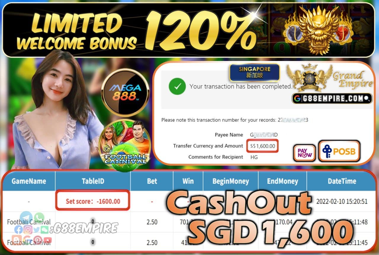 MEGA888 - FOOTBALLCARNIVAL CASHOUT SGD1.600 !!!