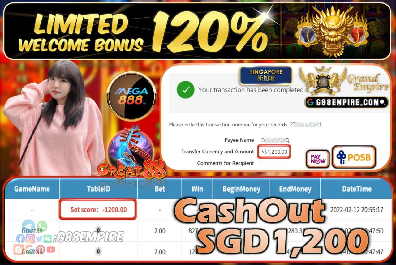 MEGA888 - GREAT88 CASHOUT SGD1.200 !!!