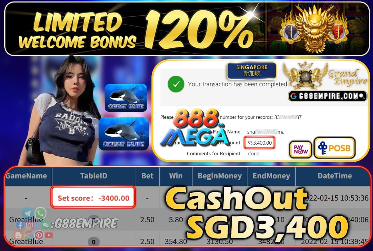 MEGA888 - GREAT BLUE CASHOUT SGD3400 !!!