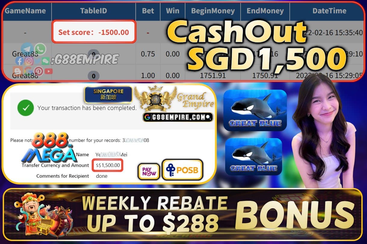 MEGA888 - GREAT88 CASHOUT SGD1500 !!!