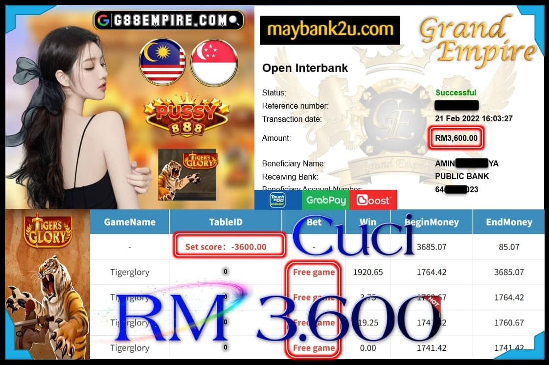 PUSSY888 - TIGERGLORY CUCI RM3,600 !!!