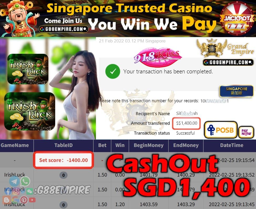 918KISS - IRISHLUCK CASHOUT SGD1400 !!!