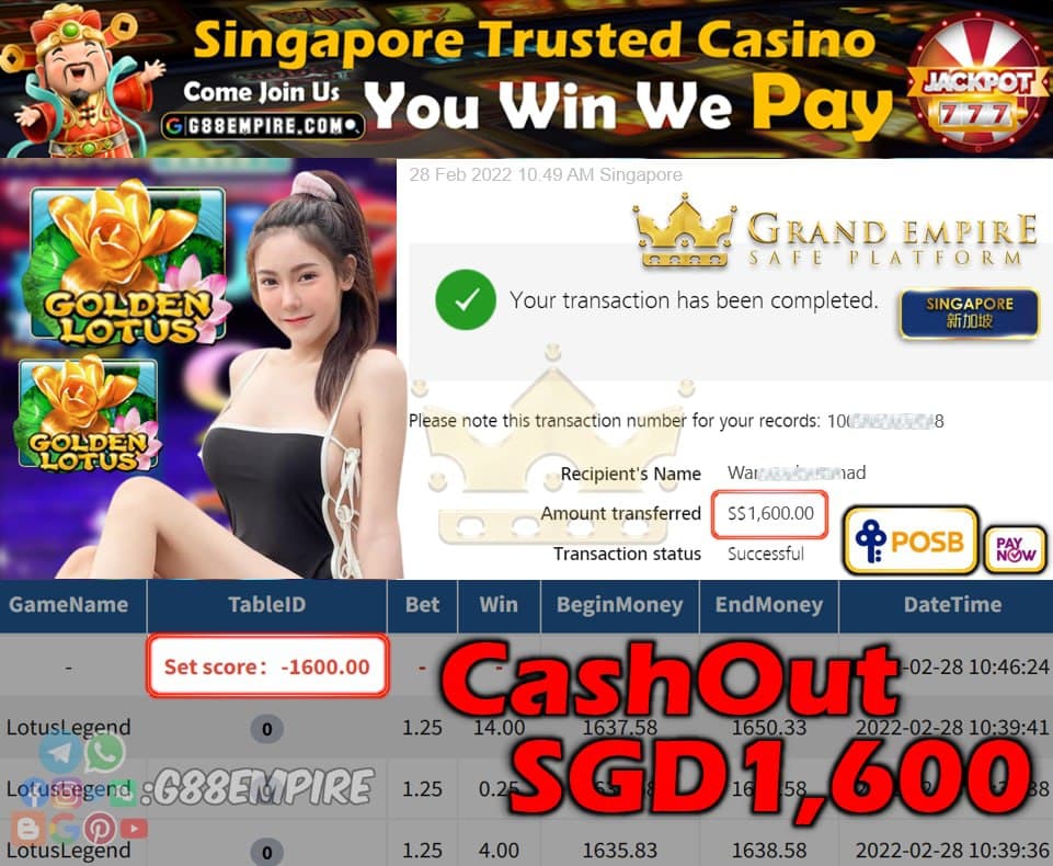 MEGA888 - LOTUSLEGEND CASHOUT SGD1600!!!