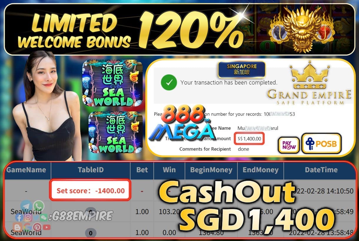 MEGA888 - SEAWORLD CASHOUT SGD1400 !!!