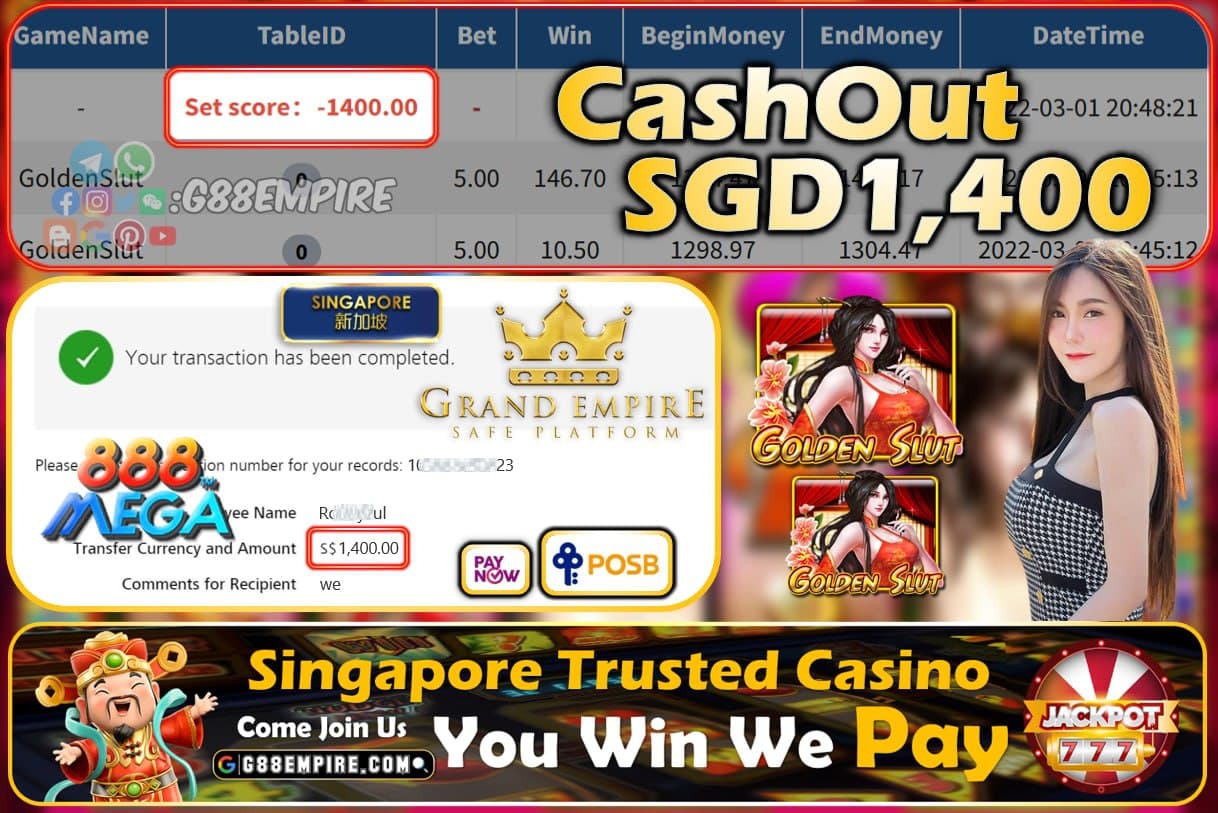 MEGA888 - GOLDEN SLUT CASHOUT SGD1400 !!!