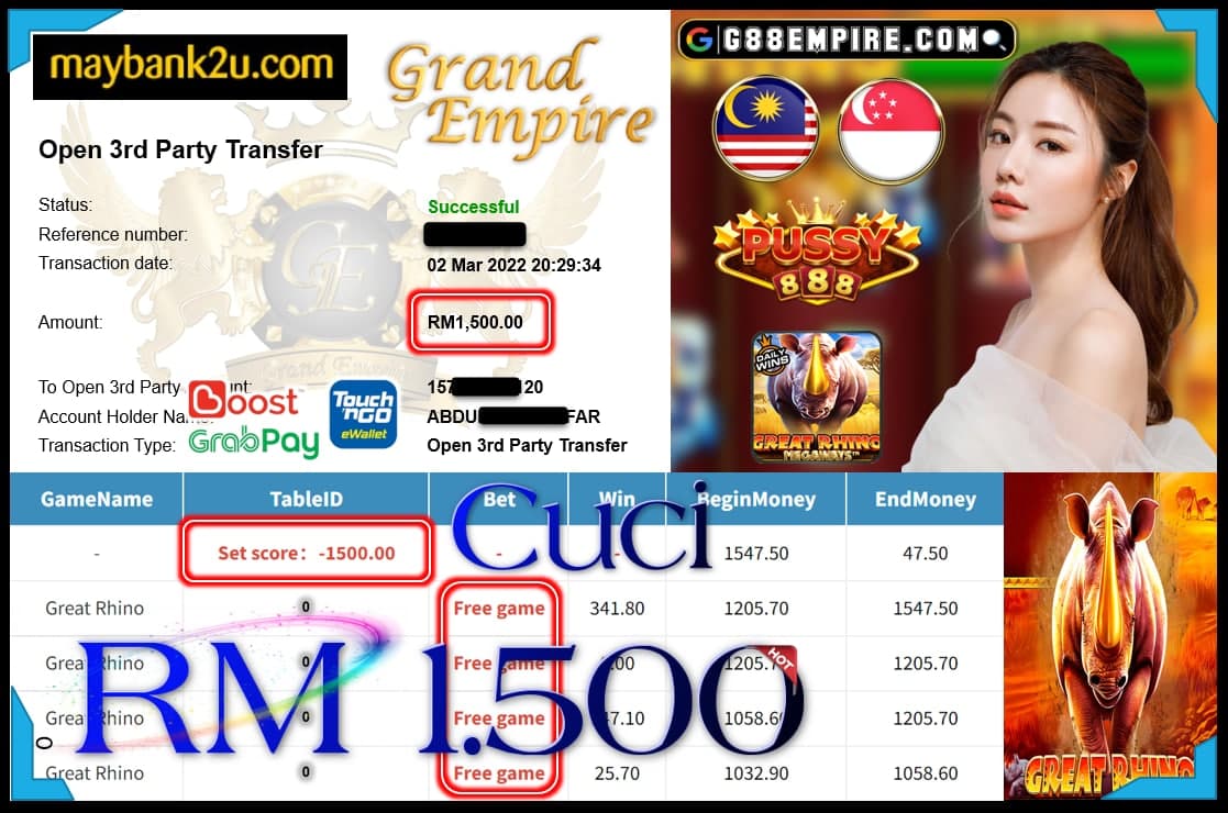 PUSSY888 - GREAT RHINO CUCI RM1,500 !!!